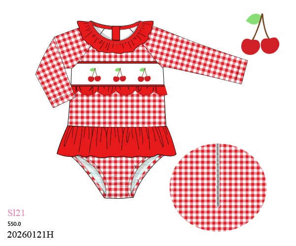 CHERRY HANDSMOCKED RASH GUARD SWIMSUIT