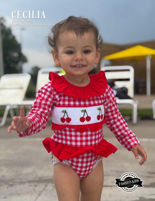 CHERRY HANDSMOCKED RASH GUARD SWIMSUIT