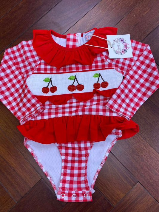 CHERRY HANDSMOCKED RASH GUARD SWIMSUIT